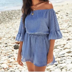 Astern Striped Off The Shoulder Romper - Blue